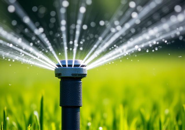 Automated sprinkler system actively watering a verdant lawn, capturing water droplets.