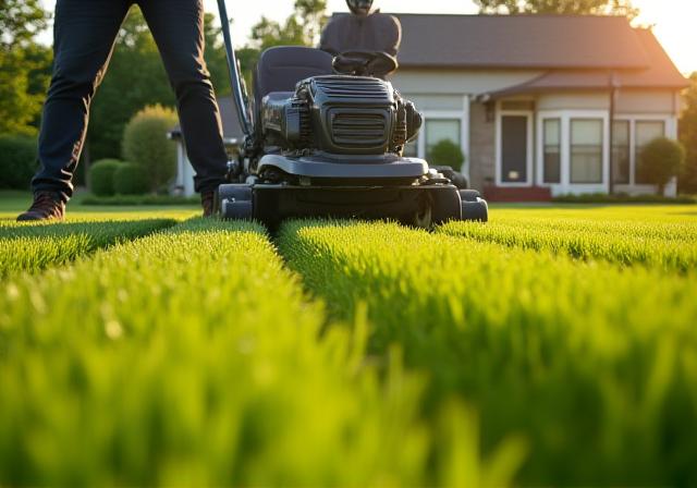 Lawn care professional meticulously mowing a vibrant green lawn with precision.