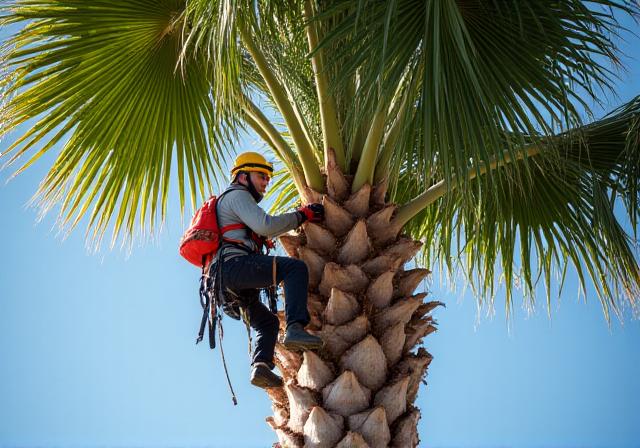 Experienced arborist carefully trimming dead fronds from a towering palm tree.